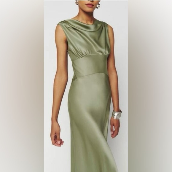 Reformation Satin Maxi Dress Sage Green tag 12 tailored to fit size 10 long - Picture 4 of 8